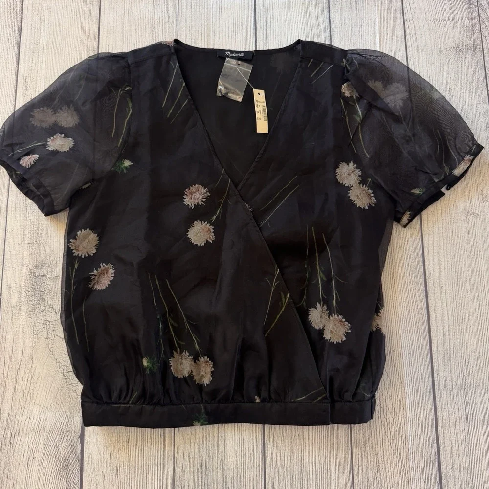 Madewell Silk Organza Puff-Sleeve Wrap Top Aster Portrait Black Women Size XS
